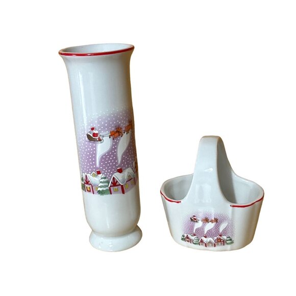 Vtg NWT Porcelain Christmas Bud Vase Basket Set Miniature Santa Sled 2 Piece Box - Picture 2 of 16